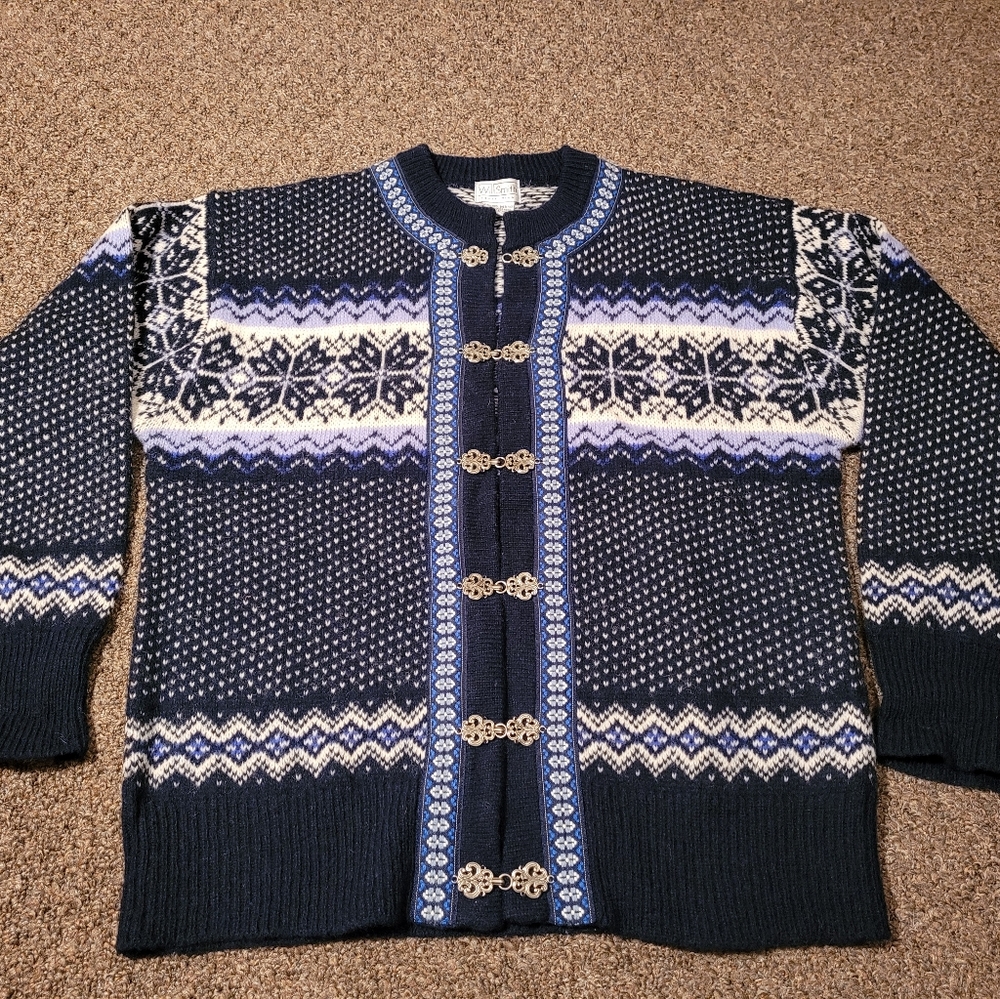 Willi Smith Collection Wool Blue Snowflake Cardigan Sweater